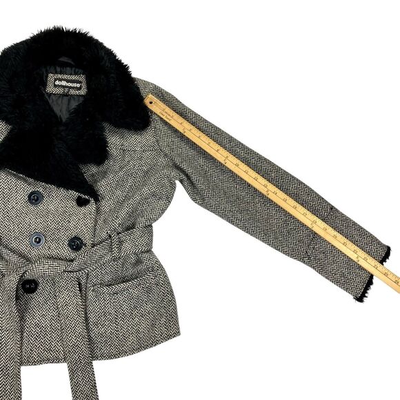 Dollhouse Tweed Wool Coat XL Faux Fur Collar & Cuffs Modern Chic Elegant Jacket - Picture 15 of 16